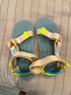 Suicoke Peach Strap Sport Sandals with Gray Footbed and Neon Yellow Accents